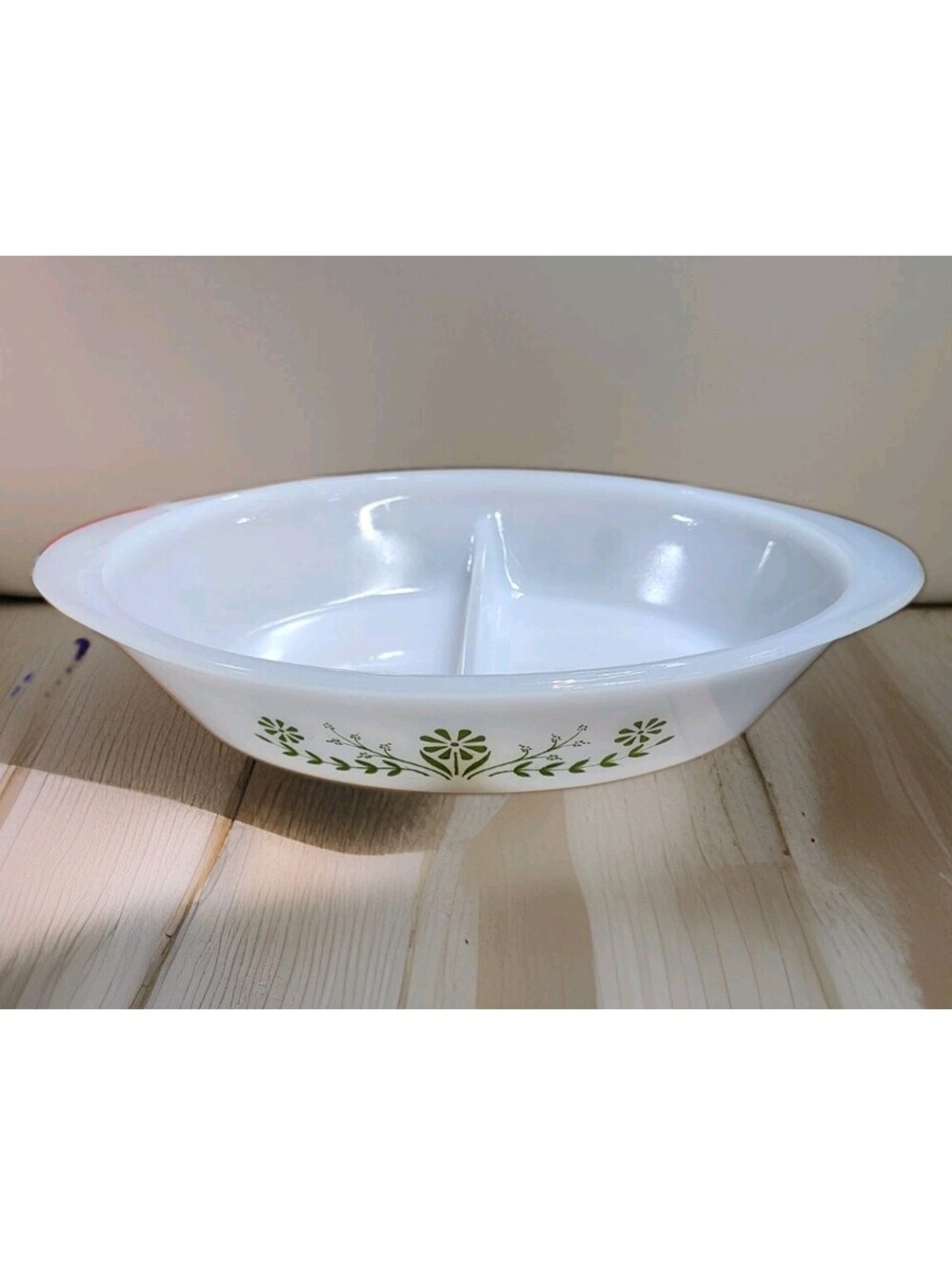 Vintage Glasbake Green Crazy Daisy Spring Blossom Divided Casserole Dish #J2352